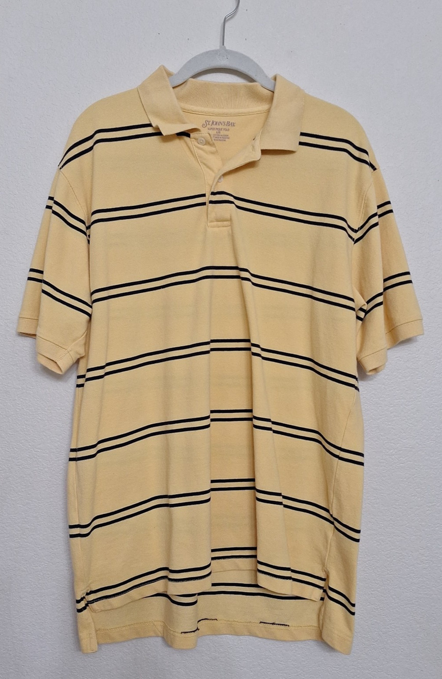 St. Johns Bay Collared Short Sleeve Polo Shirt Size L Yellow with Blue Striped